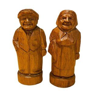 HANDMADE Carved Wood Salt Pepper Shakers Man Woman St Jean Port Joli 4.75'' Flaw